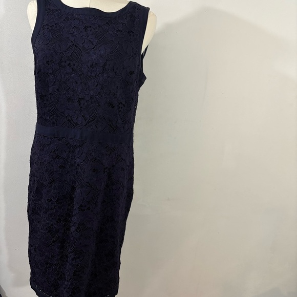 Ann Taylor Navy Blue Lace Eyelet Sleeveless Sheath Dress Sz 10 Classic Preppy